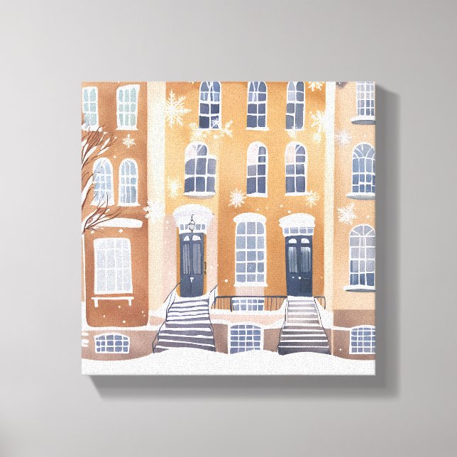 Brownstone Homes | Snowy City Street Watercolor Canvas Print (Front)