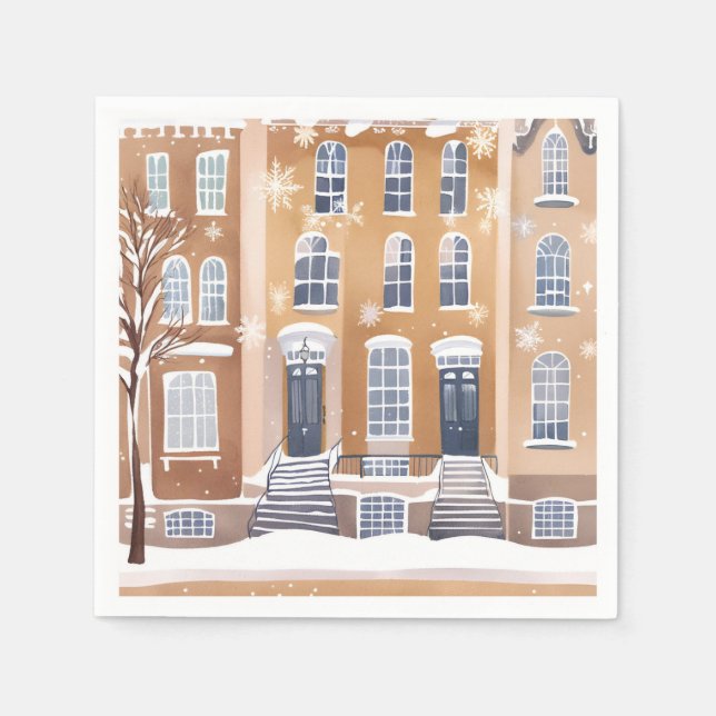 Brownstone Homes | Snowy City Street Watercolor Napkin (Front)