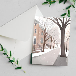 Brownstone Street Snowy Winter Watercolor Card