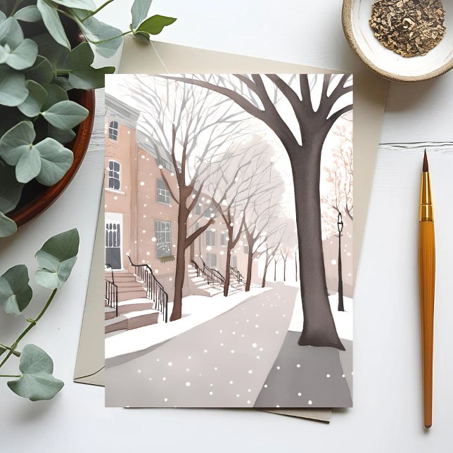 Brownstone Street | Snowy Winter Watercolor Card (Creator Uploaded)