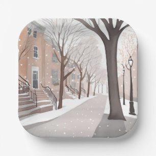 Brownstone Street   Snowy Winter Watercolor Paper Plate