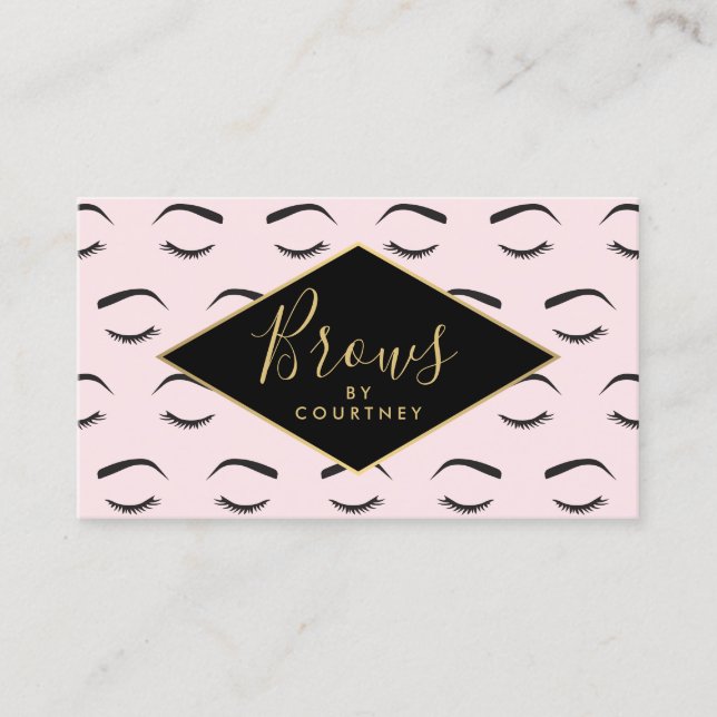 Brows and Lashes Pattern Pink/Black/Gold Business Card (Front)