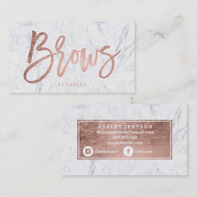 Brows faux rose gold typography white marble business card (Front/Back)