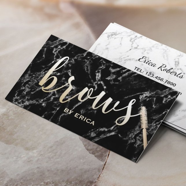 Brows Makeup Artist Gold Script Elegant Marble Business Card (Creator Uploaded)