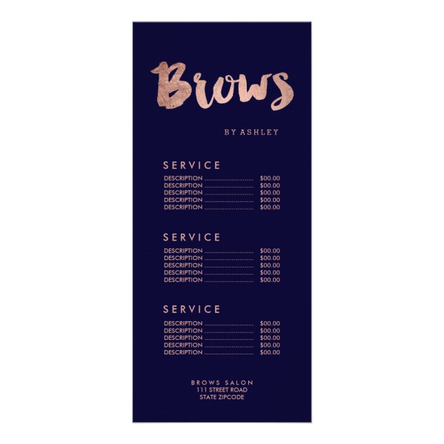 Brows rose gold navy price list menu (Back)
