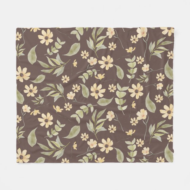 Brrown Whimsy Retro Floral  Fleece Blanket (Front (Horizontal))
