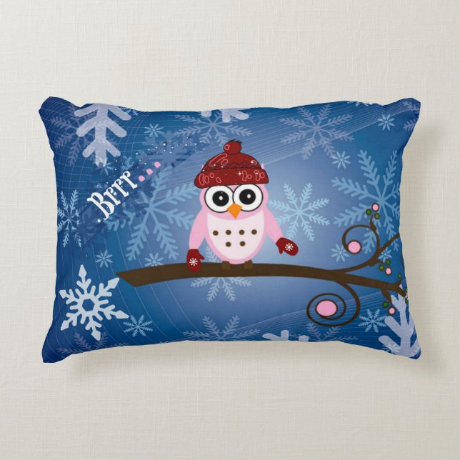 Brrr...Pink Owl, Snowflake Design Decorative Cushion (Front)