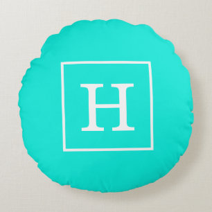 Brt Aqua Turquoise White Framed Initial Monogram Round Cushion
