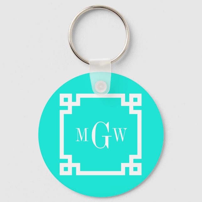 Brt Aqua Wht Greek Key #2 Framed 3 Init Monogram Key Ring (Front)