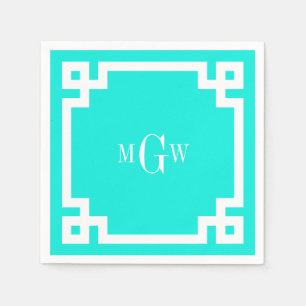Brt Aqua Wht Greek Key #2 Framed 3 Init Monogram S Napkin