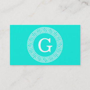Brt Aqua Wht Greek Key Rnd Frame Initial Monogram Business Card