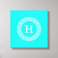 Brt Aqua Wht Greek Key Rnd Frame Initial Monogram