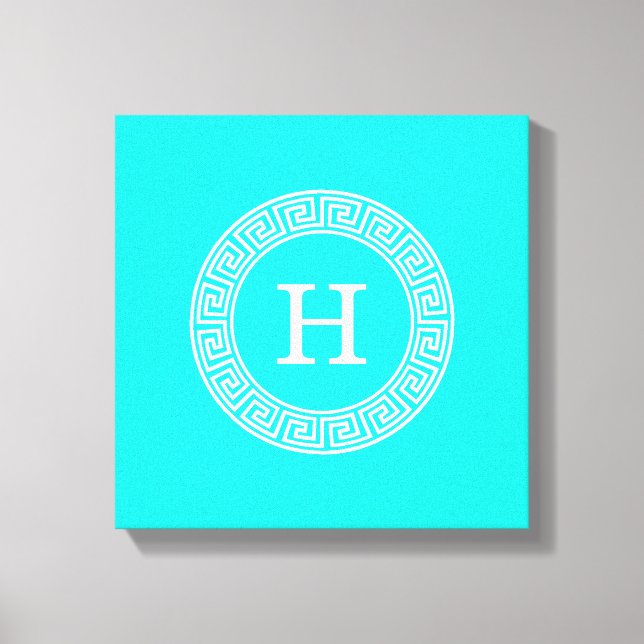 Brt Aqua Wht Greek Key Rnd Frame Initial Monogram Canvas Print (Front)