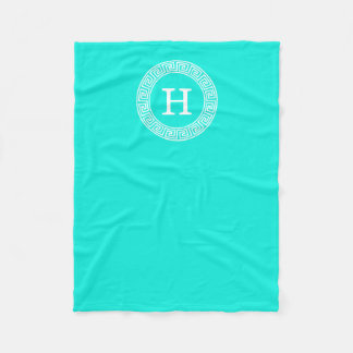 Brt Aqua Wht Greek Key Rnd Frame Initial Monogram Fleece Blanket