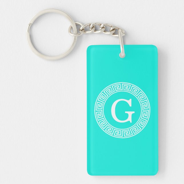 Brt Aqua Wht Greek Key Rnd Frame Initial Monogram Key Ring (Front)