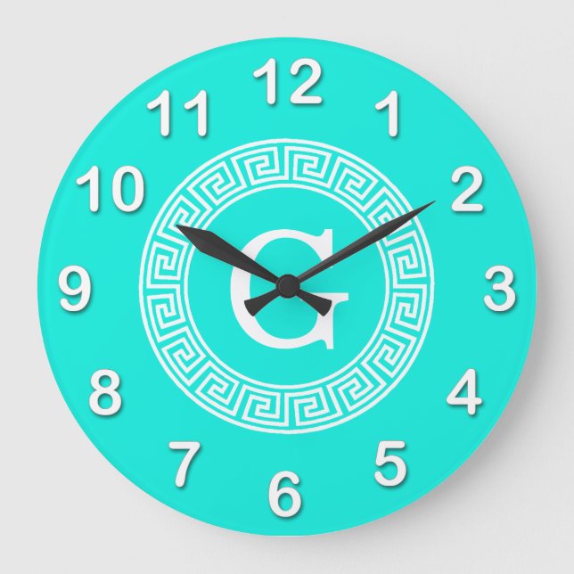 Brt Aqua Wht Greek Key Rnd Frame Initial Monogram Large Clock (Front)
