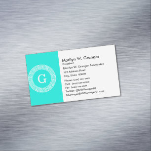 Brt Aqua Wht Greek Key Rnd Frame Initial Monogram Magnetic Business Card