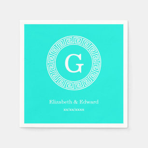 Brt Aqua Wht Greek Key Rnd Frame Initial Monogram Napkin