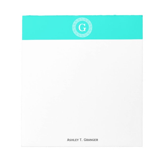 Brt Aqua Wht Greek Key Rnd Frame Initial Monogram Notepad (Front)