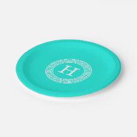 Brt Aqua Wht Greek Key Rnd Frame Initial Monogram
