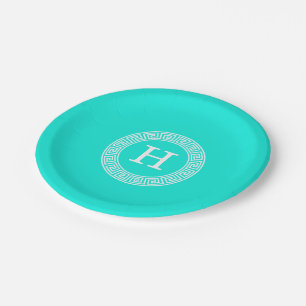 Brt Aqua Wht Greek Key Rnd Frame Initial Monogram Paper Plate