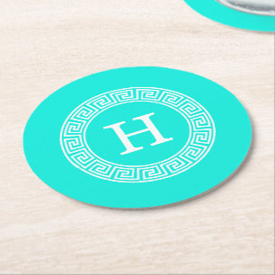 Brt Aqua Wht Greek Key Rnd Frame Initial Monogram Round Paper Coaster