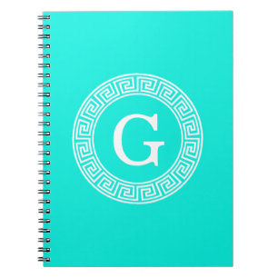 Brt Aqua Wht Greek Key Rnd Frame Initial Monogram Spiral Notebook