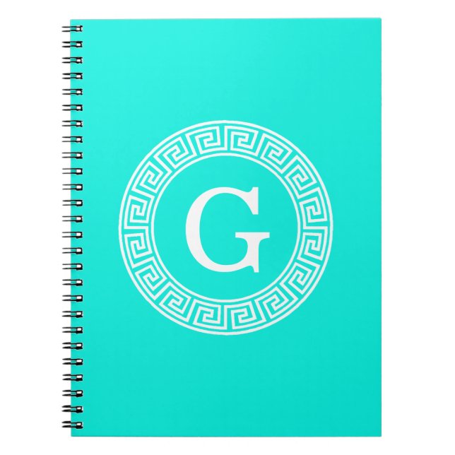 Brt Aqua Wht Greek Key Rnd Frame Initial Monogram Spiral Notebook (Front)
