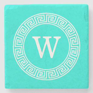 Brt Aqua Wht Greek Key Rnd Frame Initial Monogram Stone Coaster
