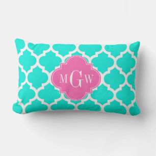 Brt Aqua Wht Moroccan #5 HotPink2 Initial Monogram Lumbar Cushion