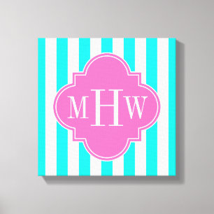 Brt Aqua Wt Stripe HotPink#2 Quatrefoil 3 Monogram Canvas Print