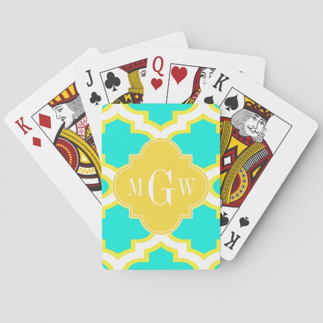 Brt Aqua Yellow Wht Quatrefoil 3 Initial Monogram Playing Cards (Back)