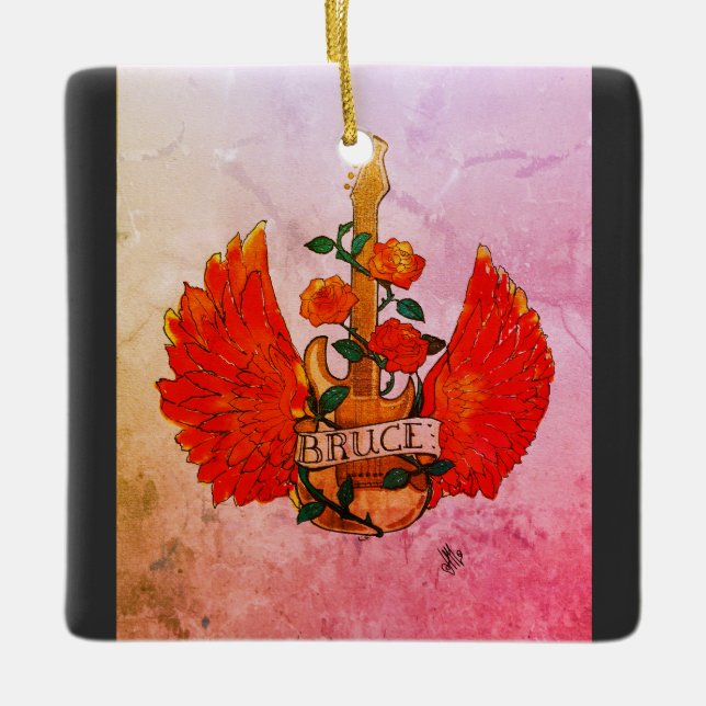 Bruce Fender Guitar rock & Roll Roses Ceramic Ornament (Front)