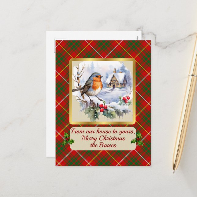 Bruce Tartan w/Robin Personalised   Holiday Postcard (Front/Back In Situ)
