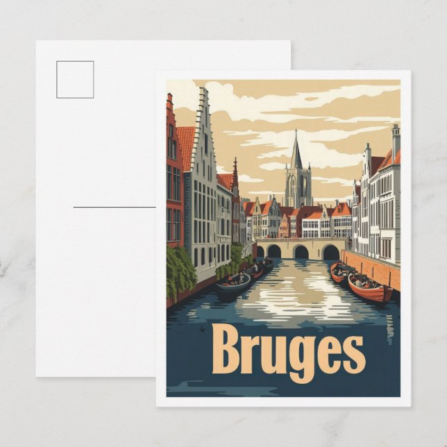 Bruges Belgium Art Vintage Travel Illustration Postcard (Front/Back)