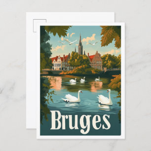 Bruges Belgium Art Vintage Travel Illustration Postcard