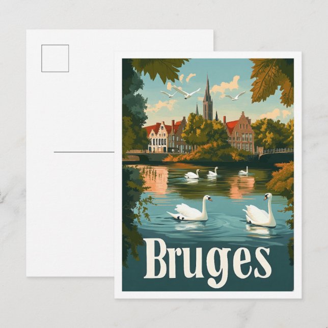 Bruges Belgium Art Vintage Travel Illustration Postcard (Front/Back)