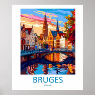 Bruges Belgium Illustration Travel Art Vintage Poster