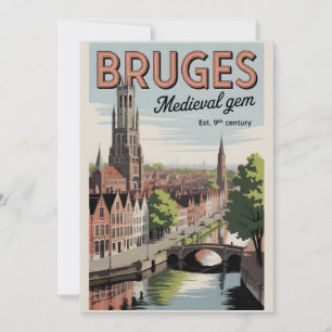 Bruges Belgium Retro Skyline Cityscape Travel Holiday Card