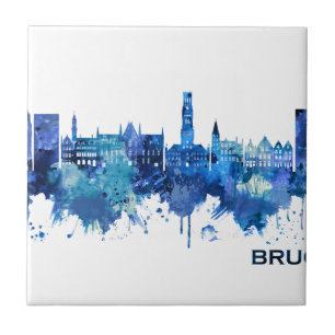 Bruges Belgium Skyline Blue Tile