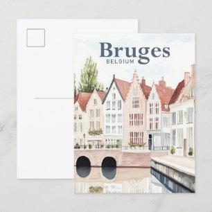 Bruges Belgium Watercolor Painting Travel Postcard