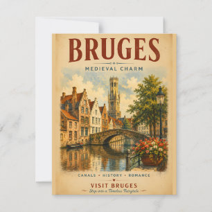 Bruges Mediaeval Charm Vintage Travel Poster with Card