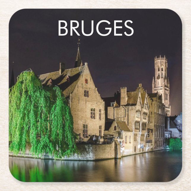 Bruges old town and Belfry tower Square Paper Coaster (Front)