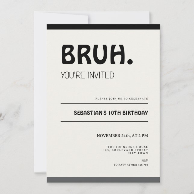 Bruh 10th Birthday Invitation Teens Boy Party (Front)