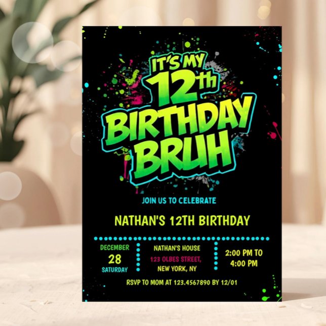 Bruh 12th Birthday Boy Neon Modern Invitation (neon 12th birthday invitation, 12th birthday party, 12 twelve, green black, gamer gaming tech comput)