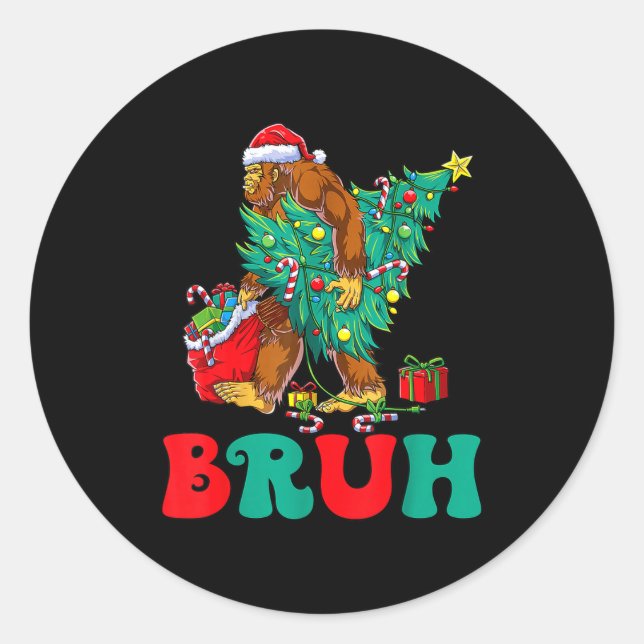 Bruh Bigfoot Christmas Funny Christmas Tree Xmas S Classic Round Sticker (Front)