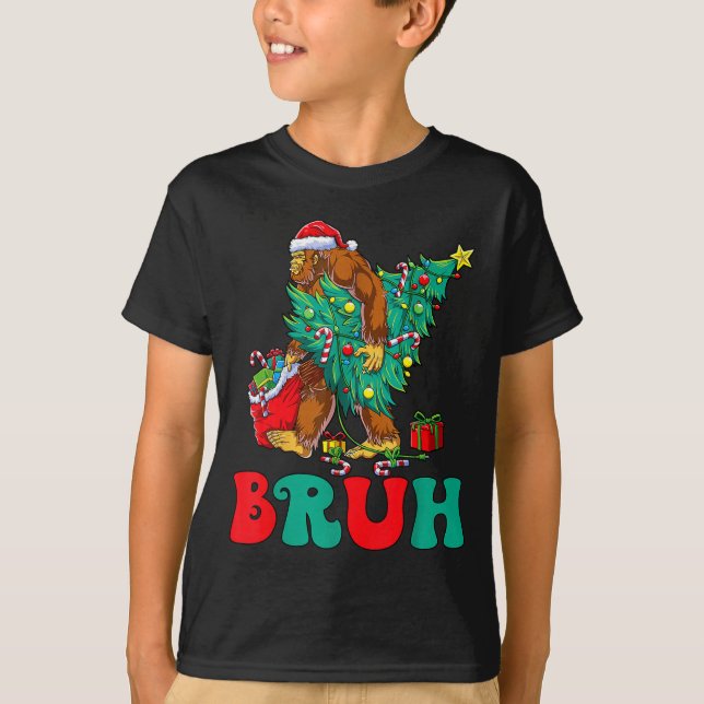 Bruh Bigfoot Christmas Funny Christmas Tree Xmas S T-Shirt (Front)