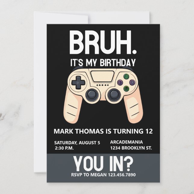 BRUH Birthday Party Arcade Gamer Teen Boy Invitation (Front)