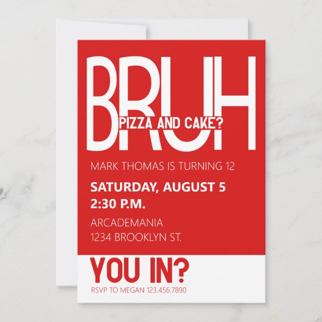 BRUH BIRTHDAY PARTY TEEN BOY RED WHITE INVITATION (Front)