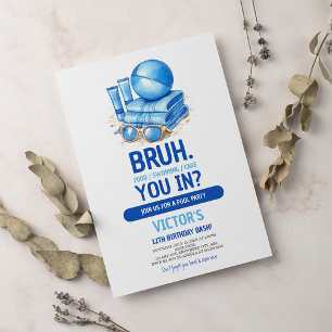 BRUH Blue Pool Party Boy Birthday Invitation